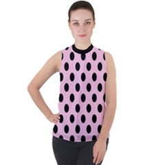 Polka Dots - Black On Blush Pink Mock Neck Chiffon Sleeveless Top by FashionBoulevard