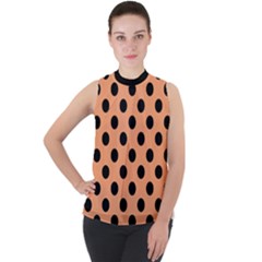 Polka Dots - Black On Cantaloupe Orange Mock Neck Chiffon Sleeveless Top by FashionBoulevard