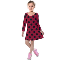 Polka Dots Black On Carmine Red Kids  Long Sleeve Velvet Dress by FashionBoulevard