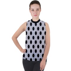 Polka Dots Black On Cloudy Grey Mock Neck Chiffon Sleeveless Top by FashionBoulevard