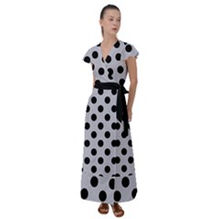 Polka Dots Black On Cloudy Grey Flutter Sleeve Maxi Dress by FashionBoulevard