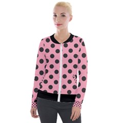 Polka Dots Black On Flamingo Pink Velour Zip Up Jacket by FashionBoulevard