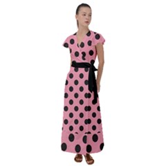 Polka Dots Black On Flamingo Pink Flutter Sleeve Maxi Dress by FashionBoulevard