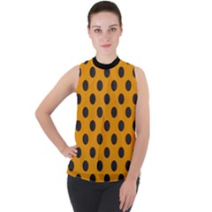 Polka Dots Black On Honey Orange Mock Neck Chiffon Sleeveless Top by FashionBoulevard