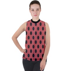 Polka Dots Black On Indian Red Mock Neck Chiffon Sleeveless Top by FashionBoulevard