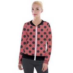 Polka Dots Black On Indian Red Velour Zip Up Jacket by FashionBoulevard