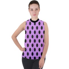 Polka Dots Black On Lavender Purple Mock Neck Chiffon Sleeveless Top by FashionBoulevard