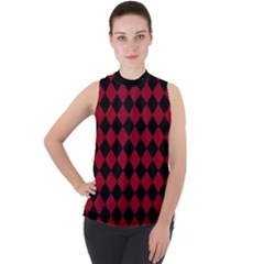 Block Fiesta Black And Carmine Red  Mock Neck Chiffon Sleeveless Top by FashionBoulevard