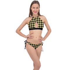 Block Fiesta Black And Ceylon Yellow Cross Front Halter Bikini Set by FashionBoulevard