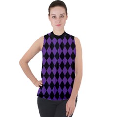 Block Fiesta Black And Imperial Purple Mock Neck Chiffon Sleeveless Top by FashionBoulevard