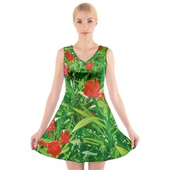 Red Flowers And Green Plants At Outdoor Garden V-neck Sleeveless Dress by dflcprintsclothing