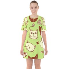 Cute Hand Drawn Cat Seamless Pattern Sixties Short Sleeve Mini Dress by Vaneshart