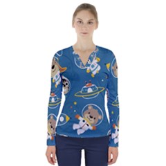 Seamless Pattern Funny Astronaut Outer Space Transportation V-neck Long Sleeve Top by Vaneshart