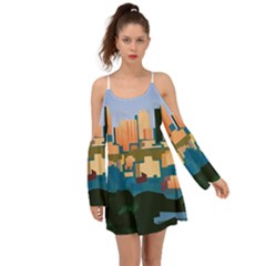 City Buildings Urban Dawn Kimono Sleeves Boho Dress by Wegoenart