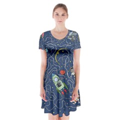 Cat Cosmos Cosmonaut Rocket Short Sleeve V-neck Flare Dress by Wegoenart