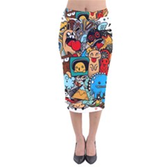 Abstract Grunge Urban Pattern With Monster Character Super Drawing Graffiti Style Velvet Midi Pencil Skirt by Nexatart