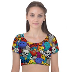 Graffiti Characters Seamless Pattern Velvet Short Sleeve Crop Top  by Nexatart