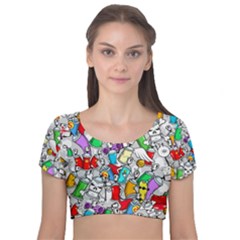 Graffiti Characters Seamless Pattern Velvet Short Sleeve Crop Top  by Nexatart