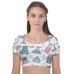 Transportation Seamless Pattern Velvet Short Sleeve Crop Top  by Vaneshart