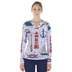 Nautical Elements Pattern Background V-neck Long Sleeve Top by Vaneshart