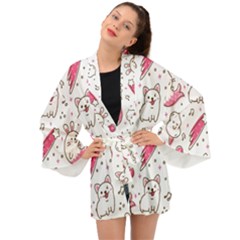 Cute Animals Seamless Pattern Kawaii Doodle Style Long Sleeve Kimono by Vaneshart