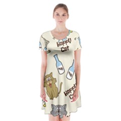 Happy Cats Pattern Background Short Sleeve V-neck Flare Dress by Vaneshart