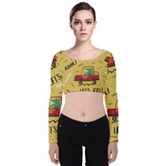 Childish Seamless Pattern With Dino Driver Velvet Long Sleeve Crop Top by Vaneshart