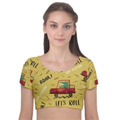 Childish Seamless Pattern With Dino Driver Velvet Short Sleeve Crop Top  by Vaneshart