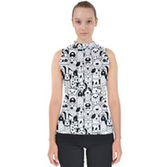 Seamless Pattern With Black White Doodle Dogs Mock Neck Shell Top by Vaneshart