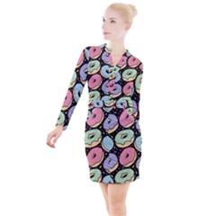 Colorful Donut Seamless Pattern On Black Vector Button Long Sleeve Dress by Sobalvarro