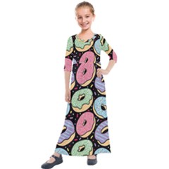 Colorful Donut Seamless Pattern On Black Vector Kids  Quarter Sleeve Maxi Dress by Sobalvarro