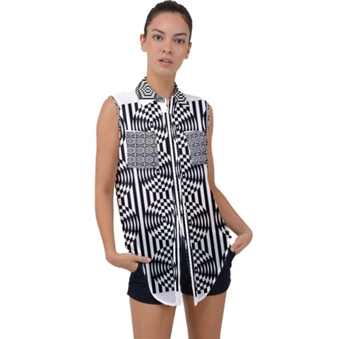 Optical Illusion Sleeveless Chiffon Button Shirt by Sparkle