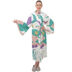 Set Cute Mermaid Seaweeds Marine Inhabitants Maxi Velour Kimono by Wegoenart