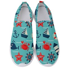 Seamless Pattern Nautical Icons Cartoon Style Men s Slip On Sneakers by Wegoenart