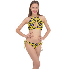 Leopard Print Seamless Pattern Cross Front Halter Bikini Set by Wegoenart