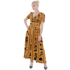 Egyptian Hieroglyphs Ancient Egypt Letters Papyrus Background Vector Old Egyptian Hieroglyph Writing Button Up Short Sleeve Maxi Dress by Wegoenart