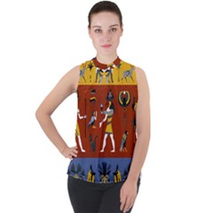 Ancient Egyptian Religion Seamless Pattern Mock Neck Chiffon Sleeveless Top by Wegoenart