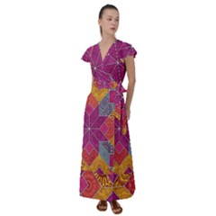 Ethnic Floral Mosaic Pattern Flutter Sleeve Maxi Dress by Wegoenart