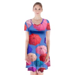 Rainbow Umbrella Short Sleeve V-neck Flare Dress by Sparkle