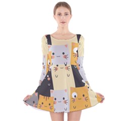 Seamless Pattern Cute Cat Cartoons Long Sleeve Velvet Skater Dress by Vaneshart