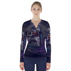 Illustration Astronaut Cosmonaut Paying Skateboard Sport Space With Astronaut Suit V-neck Long Sleeve Top by Vaneshart