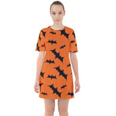 Halloween Card With Bats Flying Pattern Sixties Short Sleeve Mini Dress by Vaneshart