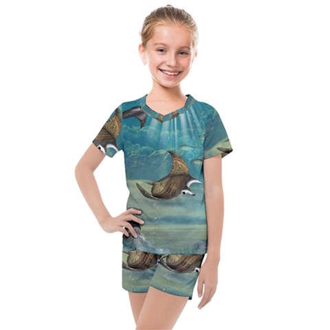 Awesome Steampunk Manta Rays Kids  Mesh Tee And Shorts Set by FantasyWorld7