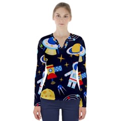 Space Seamless Pattern V-neck Long Sleeve Top by Vaneshart