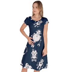 White Robot Blue Seamless Pattern Classic Short Sleeve Dress by Vaneshart