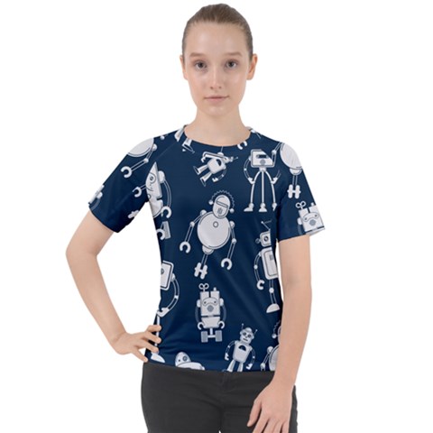 White Robot Blue Seamless Pattern Women s Sport Raglan Tee by Vaneshart