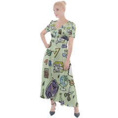 Hand Drawn Pattern School Button Up Short Sleeve Maxi Dress by Vaneshart