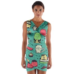 Seamless Pattern With Funny Monsters Cartoon Hand Drawn Characters Unusual Creatures Wrap Front Bodycon Dress by Vaneshart