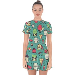 Seamless Pattern With Funny Monsters Cartoon Hand Drawn Characters Unusual Creatures Drop Hem Mini Chiffon Dress by Vaneshart