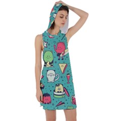 Seamless Pattern With Funny Monsters Cartoon Hand Drawn Characters Unusual Creatures Racer Back Hoodie Dress by Vaneshart